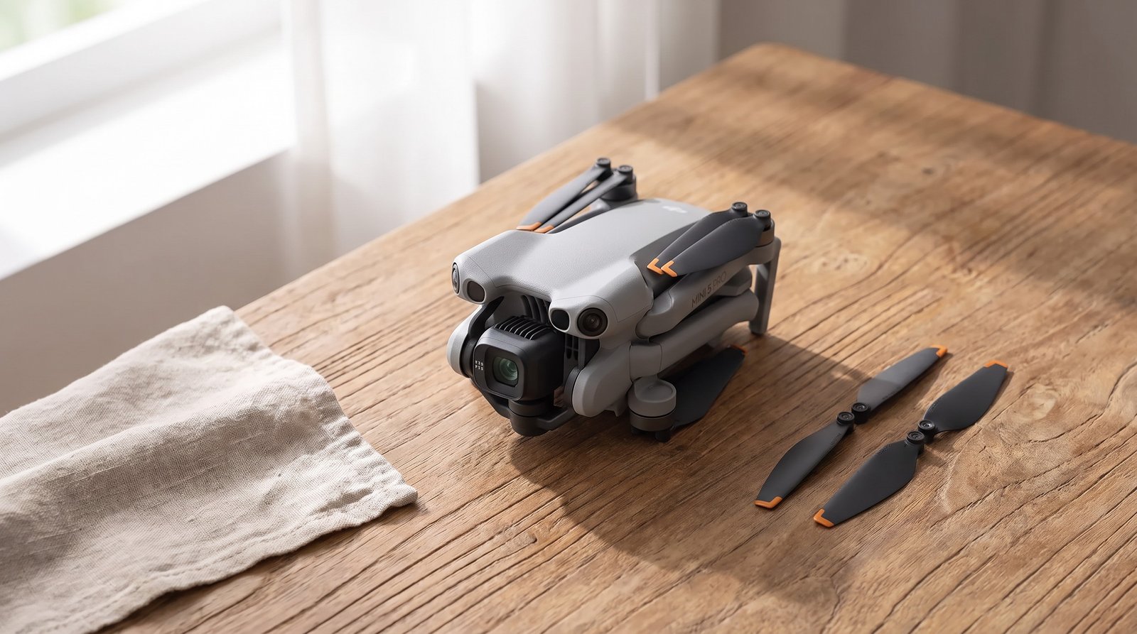 DJI Mini 5 Pro dobrado sobre a mesa, com um par de hélices de reposição ao lado e um pano
