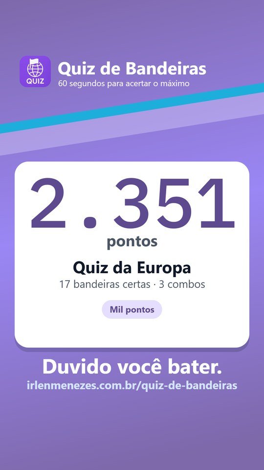 Card do Stories gerado pelo Quiz de Bandeiras com pontuação, acertos e combos