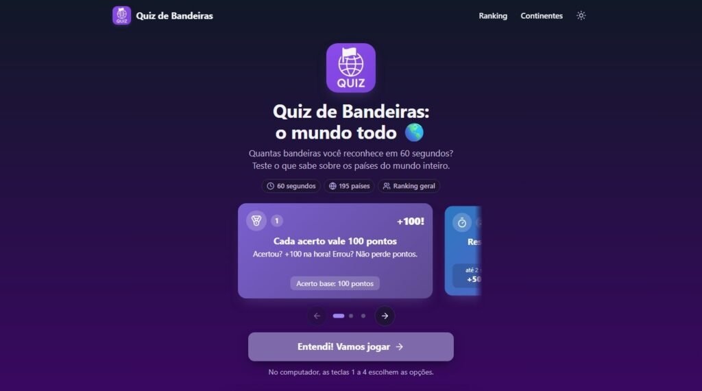 Quiz de Bandeiras no computador com o tema escuro