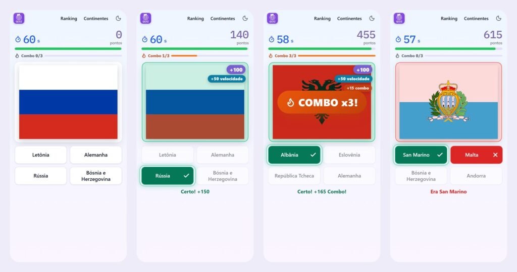 Partida do Quiz de Bandeiras: pergunta, acerto com bônus, combo x3 e erro