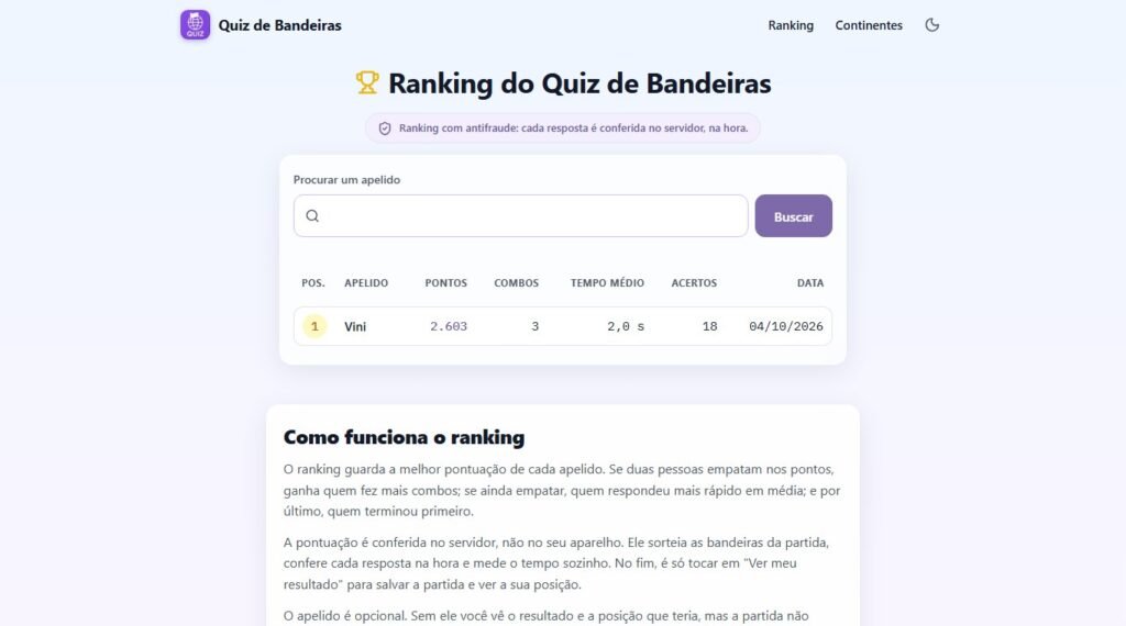 Página de ranking do Quiz de Bandeiras com o selo de antifraude, combos e tempo médio