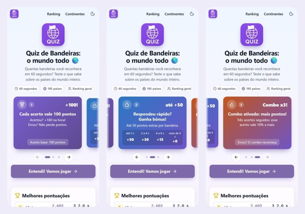 Tela inicial do Quiz de Bandeiras no celular com o carrossel de regras