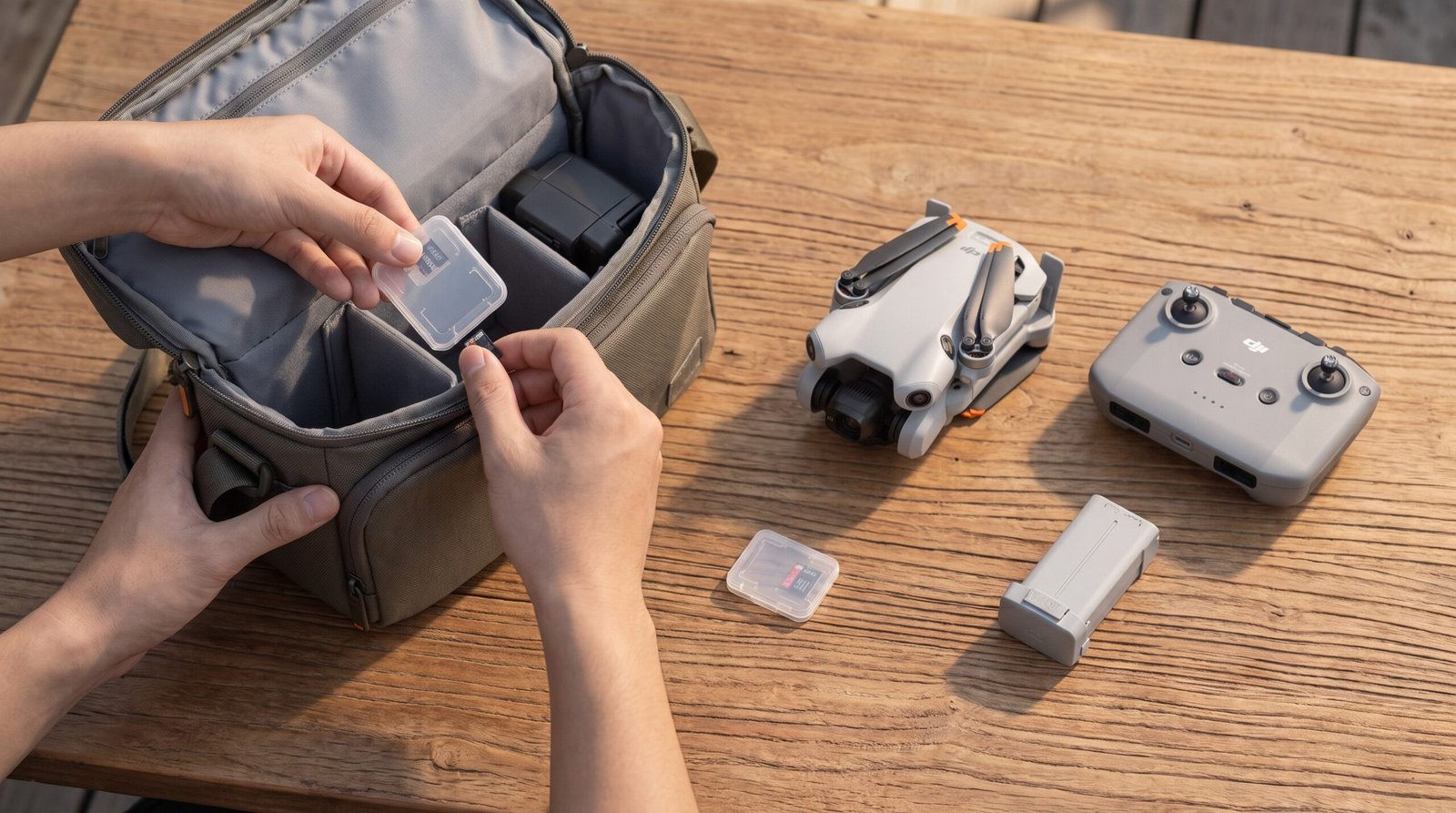 Mãos colocando um estojo de cartão microSD em uma bolsa ao lado de um DJI Mini 4 Pro, do controle e de uma bateria sobre uma mesa de madeira