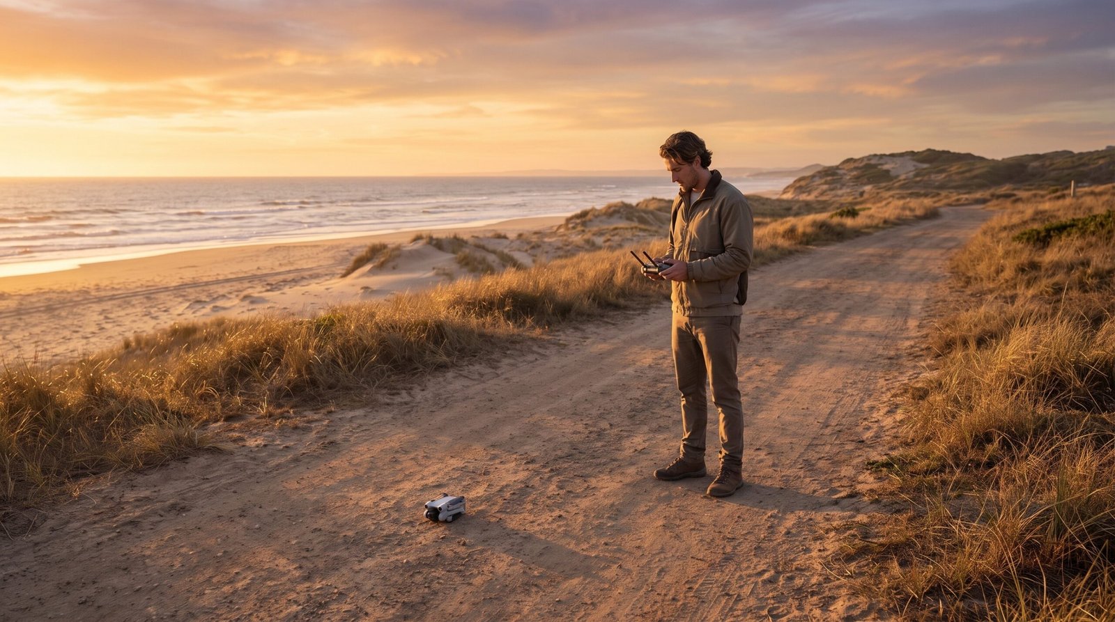 Piloto em pé em uma estrada de terra perto da praia, com o controle na mão, olhando para um DJI Mini 4 Pro pequeno no chão, ao entardecer