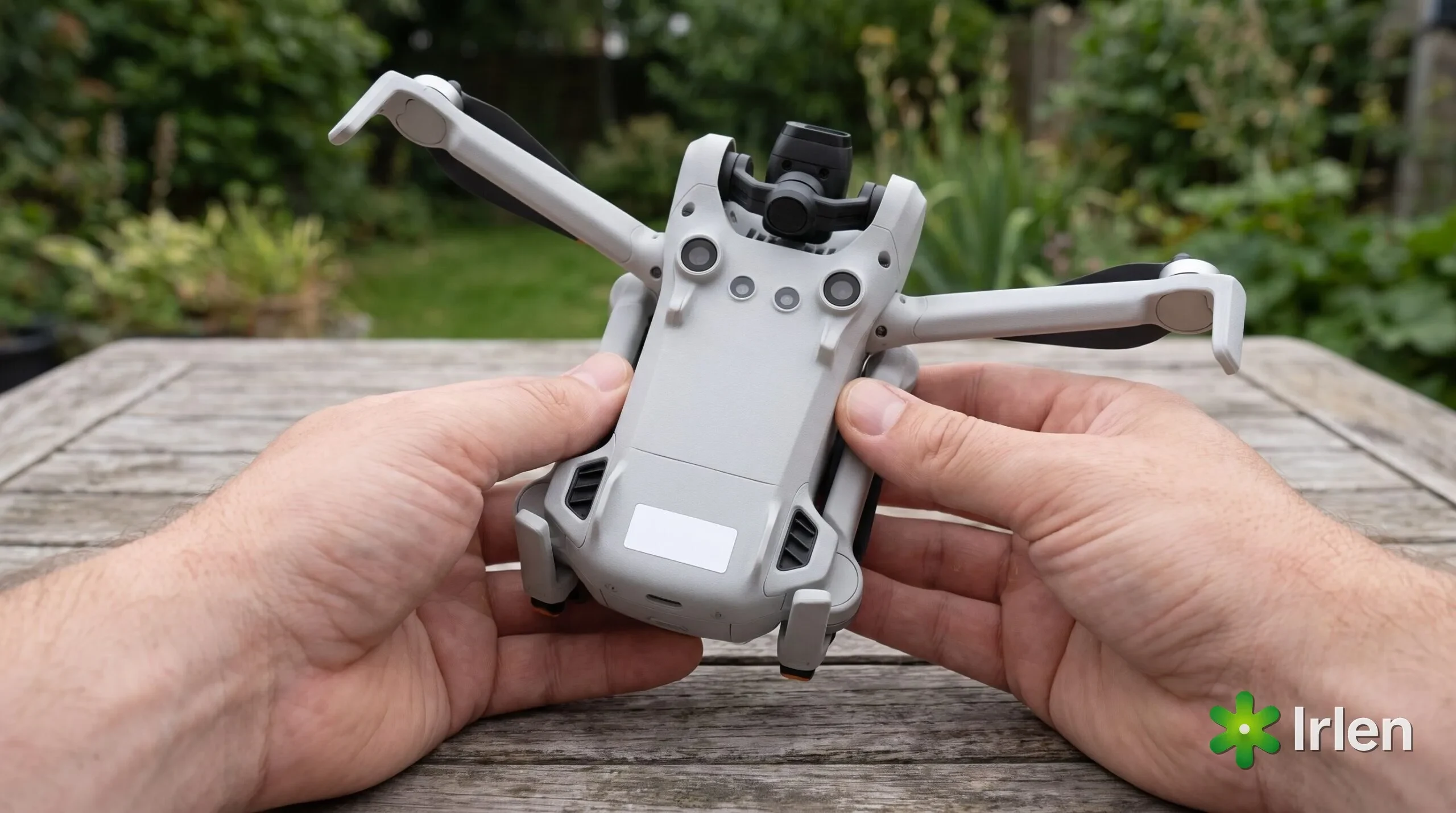 Mãos segurando um drone compacto da linha DJI Mini virado de lado para procurar a etiqueta de cadastro