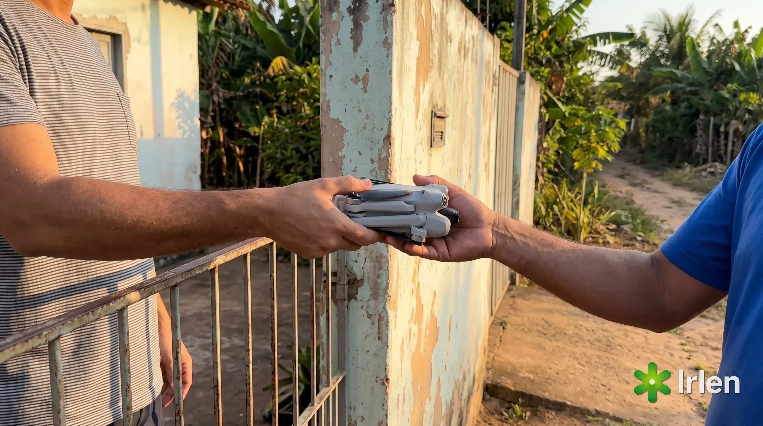 Pessoa entregando um drone compacto da linha DJI Mini a outra por cima de um portão de casa