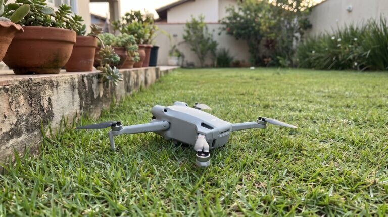 Drone compacto da linha DJI Mini caído na grama de um quintal ao lado de um muro baixo, de manhã