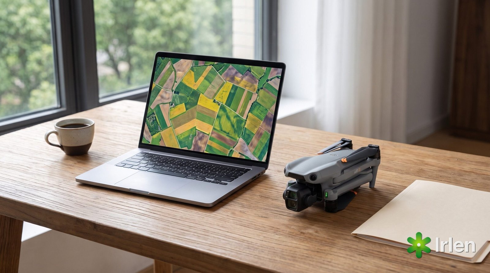 Notebook com um mosaico aéreo de lavouras na tela e um drone DJI Air 3S dobrado ao lado, numa mesa de escritório