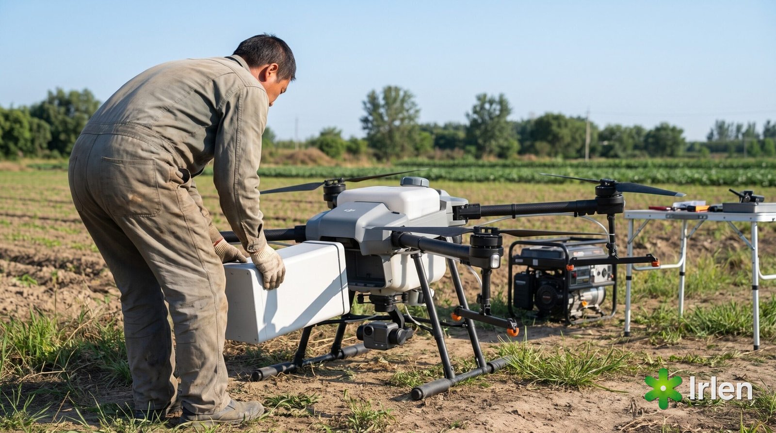 Auxiliar trocando a bateria de um drone agrícola DJI Agras T25 na beira da lavoura