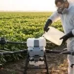 Auxiliar com macacão, luvas, óculos e respirador abastecendo o tanque de um drone agrícola DJI Agras T50