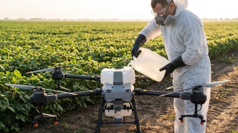 Auxiliar com macacão, luvas, óculos e respirador abastecendo o tanque de um drone agrícola DJI Agras T50