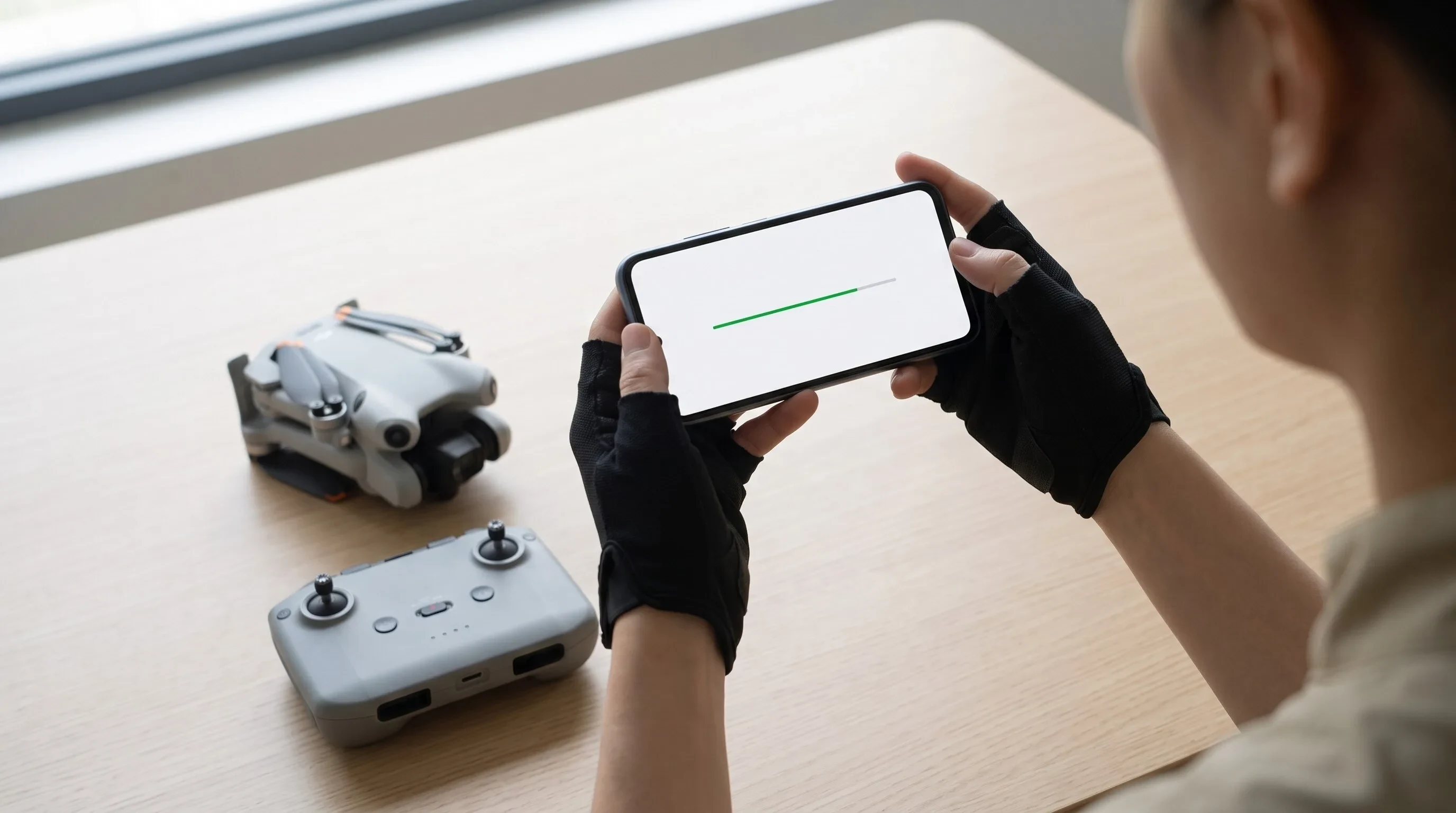 Mãos segurando um celular Android durante a instalação do app, com o DJI Mini 4 Pro e o controle sobre a mesa