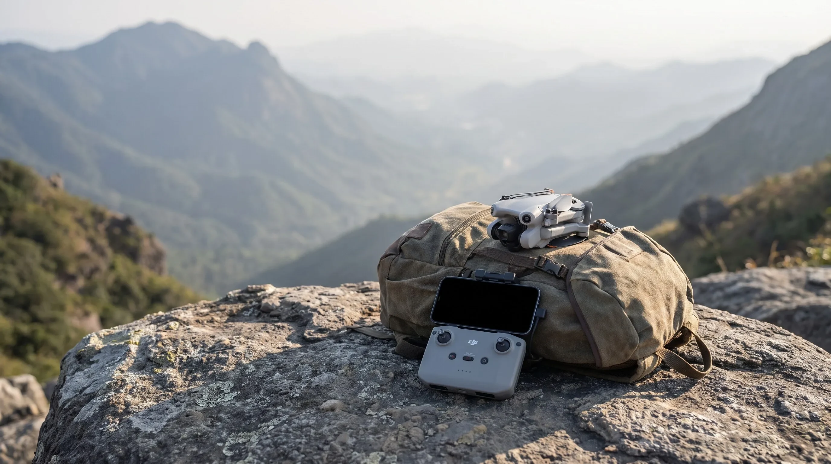 DJI Mini 4 Pro dobrado e controle DJI RC-N3 com celular sobre uma mochila num mirante