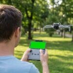 Piloto de costas com o celular Android preso ao controle DJI RC-N3 e o DJI Mini 4 Pro pairando à frente