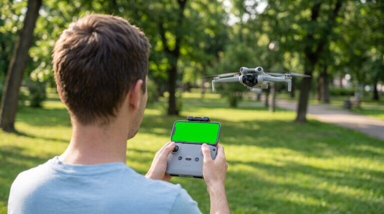 Piloto de costas com o celular Android preso ao controle DJI RC-N3 e o DJI Mini 4 Pro pairando à frente