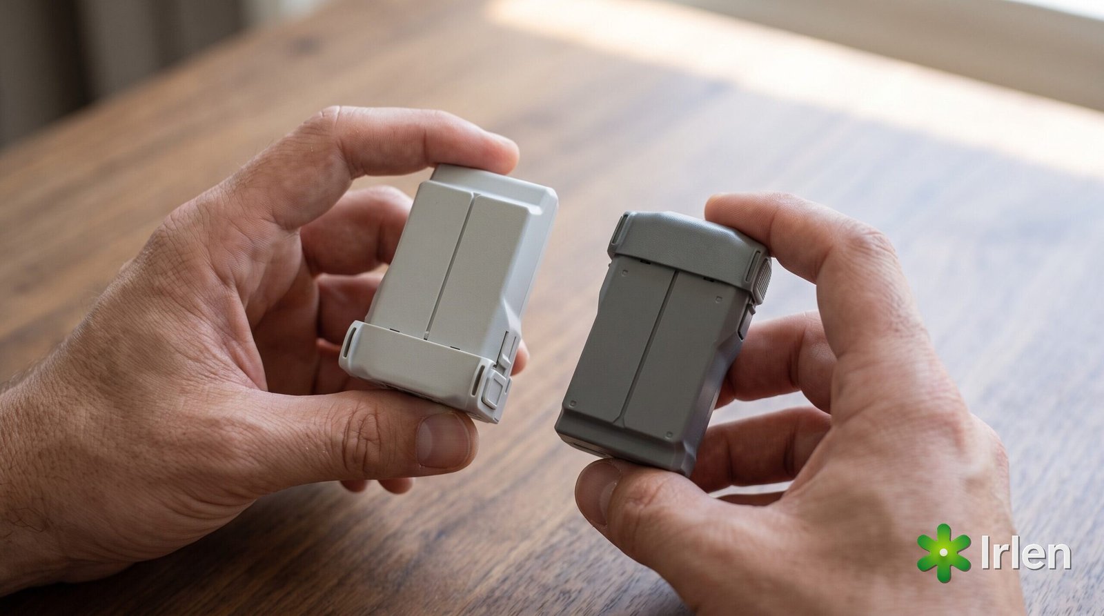 Duas mãos segurando lado a lado a bateria cinza-clara do DJI Mini 4 Pro e a bateria cinza-escura do DJI Mini 5 Pro