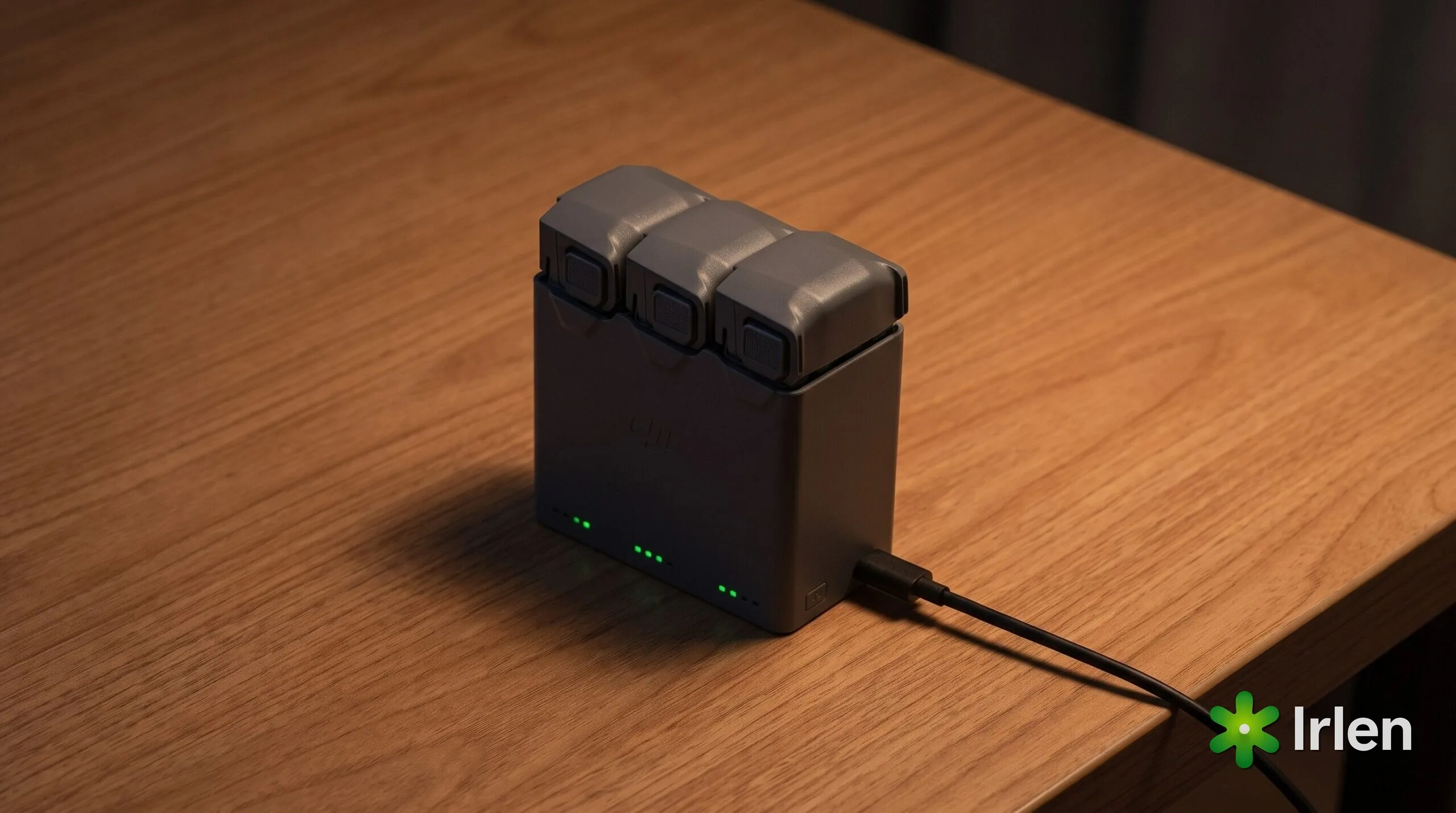 Hub de carregamento do DJI Mini 5 Pro com três baterias encaixadas e cabo USB-C ligado