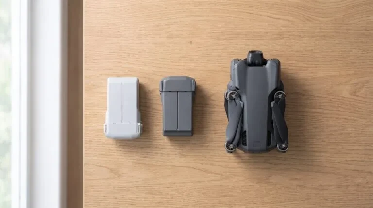 DJI Mini 5 Pro dobrado ao lado de uma bateria do Mini 4 Pro e de uma bateria do Mini 5 Pro