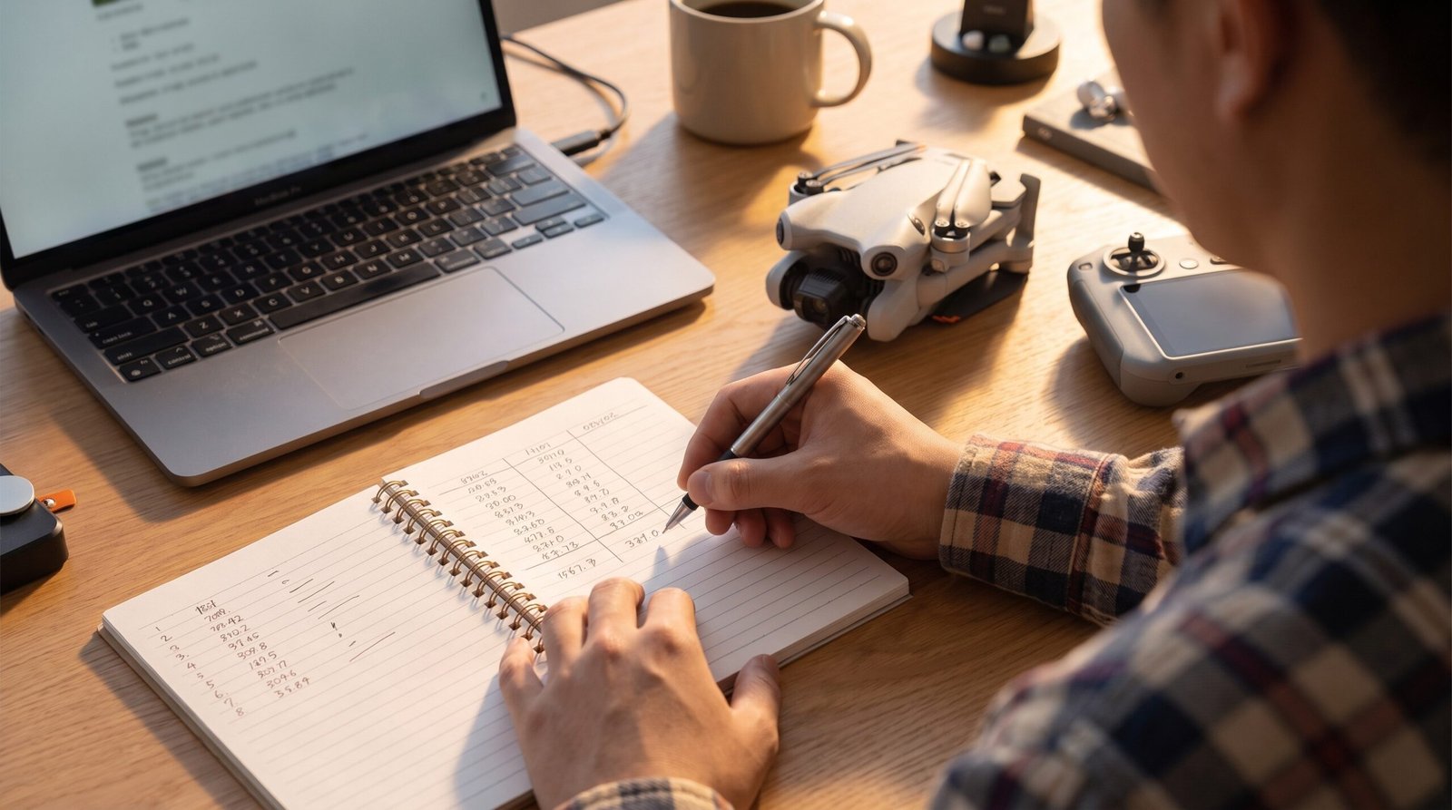 Piloto de drone escrevendo um orçamento em um caderno ao lado do notebook, do DJI Mini 4 Pro e do controle