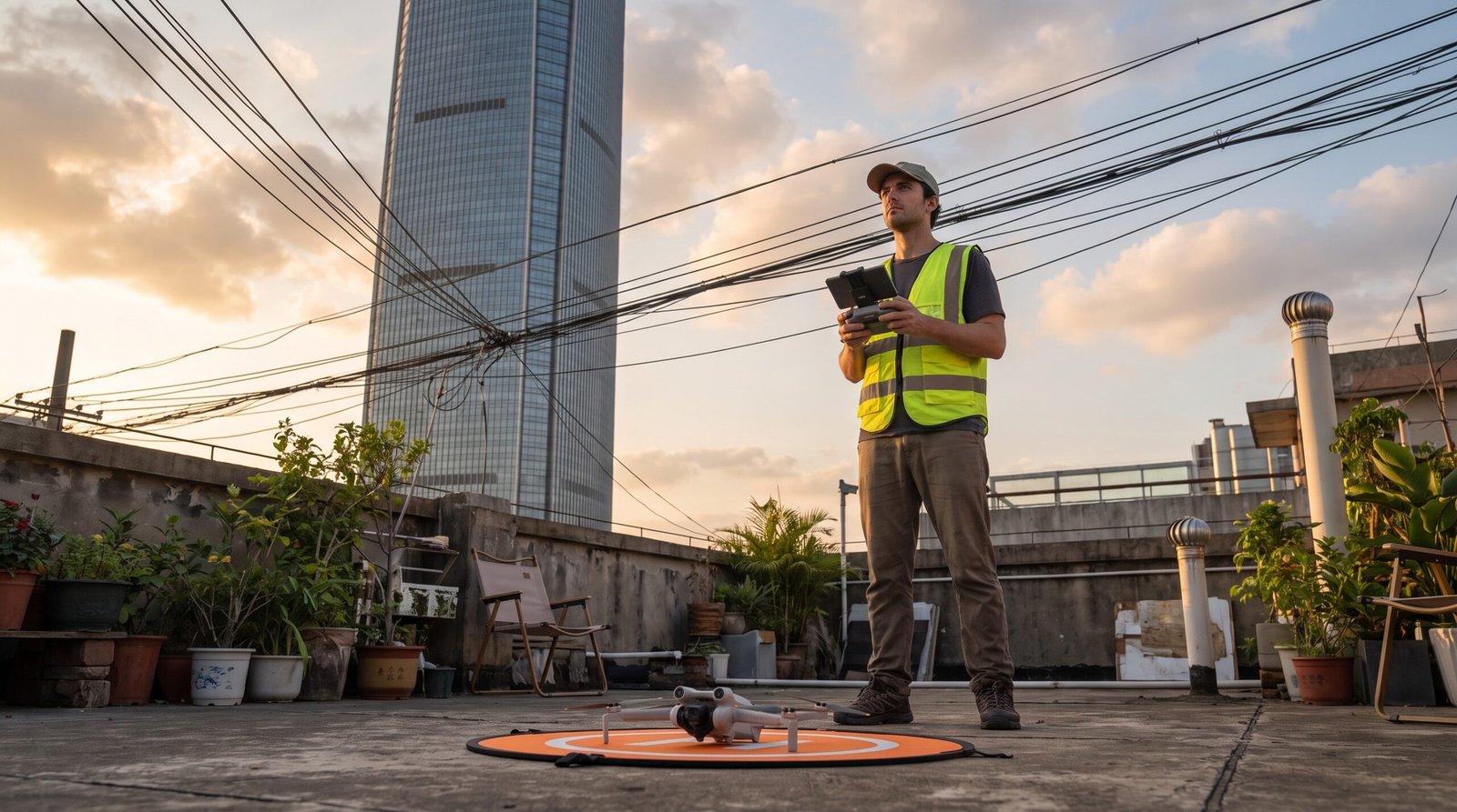 Piloto de colete refletivo em uma laje, olhando para um prédio alto e para fios, com o controle na mão e um DJI Mini 4 Pro na base de pouso