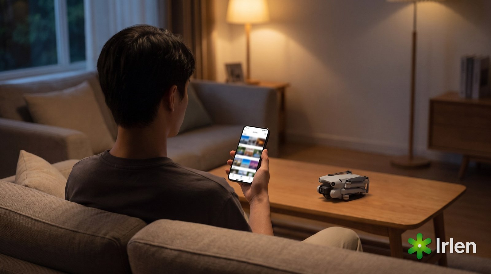 Pessoa de costas no sofá olhando anúncios no celular, com um drone DJI Mini 4 Pro na mesa de centro