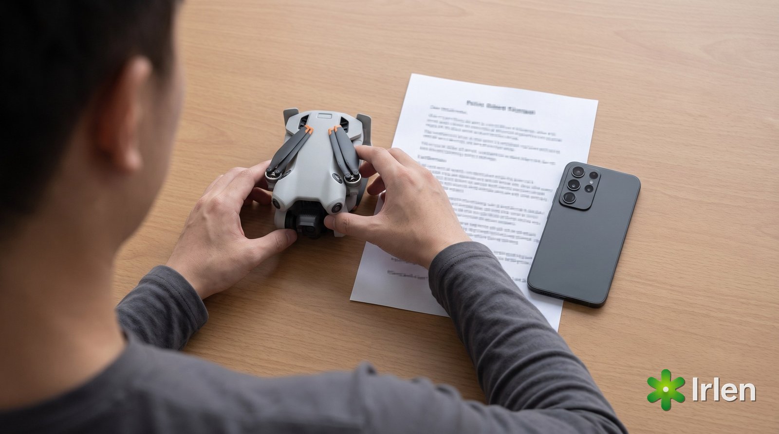 Mãos organizando sobre a mesa um drone DJI Mini 4 Pro, uma folha de papel e um celular