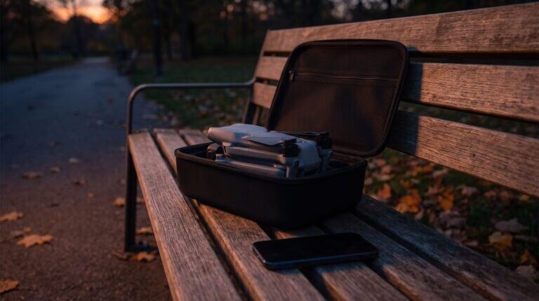 Drone DJI Air 3S usado dentro de um case aberto sobre um banco de praça ao entardecer