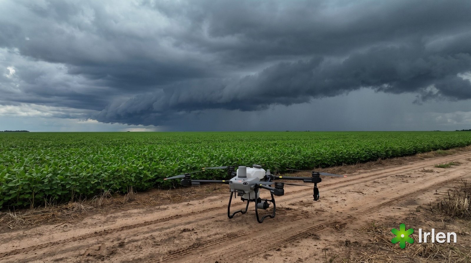 Nuvens de chuva chegando sobre uma lavoura de soja com um drone agrícola DJI Agras T25 parado na estrada de terra