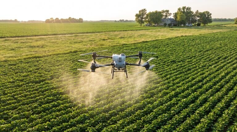 Drone agrícola DJI Agras T50 pulverizando soja com uma casa de fazenda ao fundo, longe da área aplicada