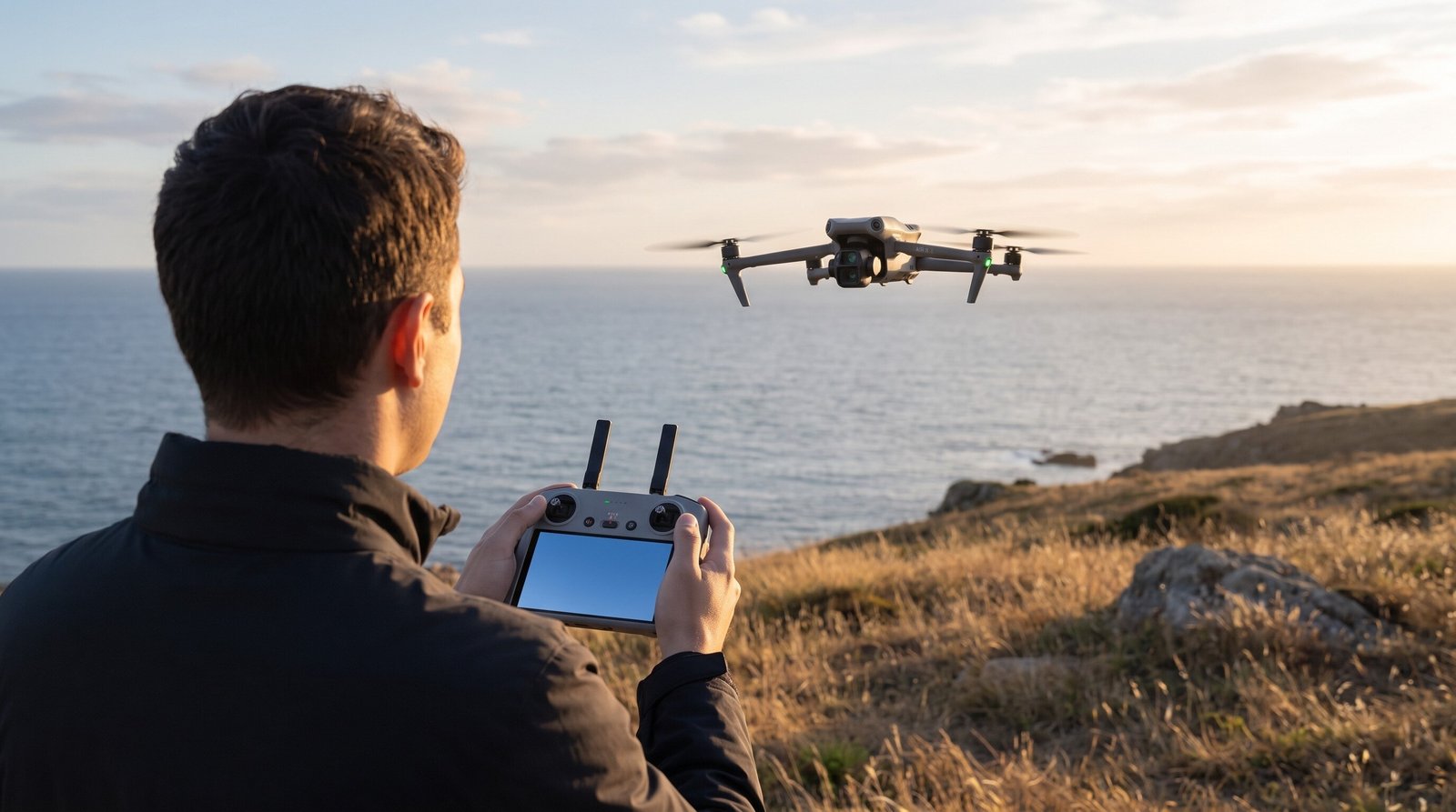 Piloto de costas com o controle DJI RC 2 e o DJI Air 3S pairando à frente