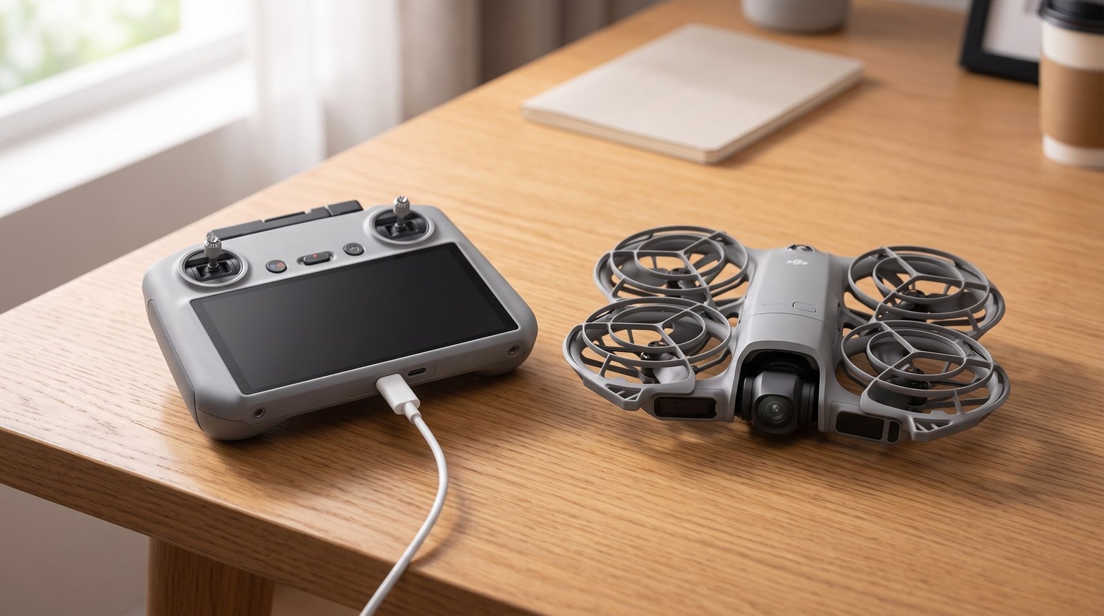 Controle DJI RC 2 carregando por cabo USB-C ao lado de um DJI Neo 2
