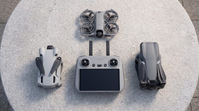Controle DJI RC 2 sobre uma mesa ao lado dos drones DJI Mini 4 Pro, Air 3S e Neo 2