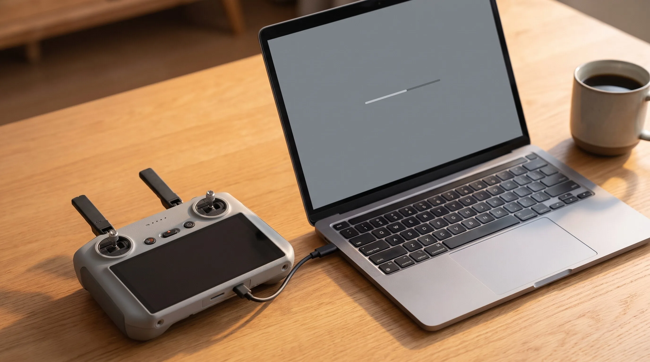 Controle DJI RC 2 ligado por cabo USB-C a um notebook durante uma troca de versão do firmware