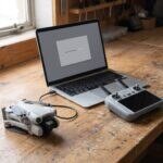 Drone DJI Mini 4 Pro ligado por cabo a um notebook ao lado do controle DJI RC 2 numa bancada