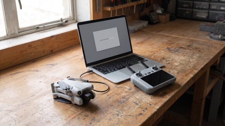 Drone DJI Mini 4 Pro ligado por cabo a um notebook ao lado do controle DJI RC 2 numa bancada