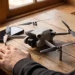 Drone DJI Mini 4 Pro sobre a mesa ao lado do controle DJI RC-N3 com o celular encaixado