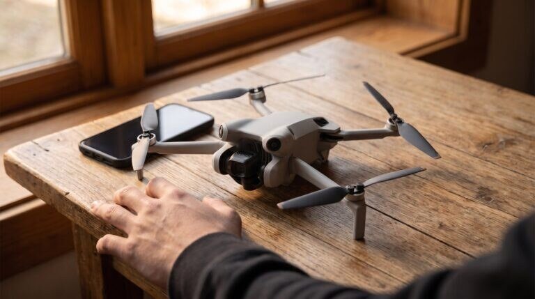 Drone DJI Mini 4 Pro sobre a mesa ao lado do controle DJI RC-N3 com o celular encaixado