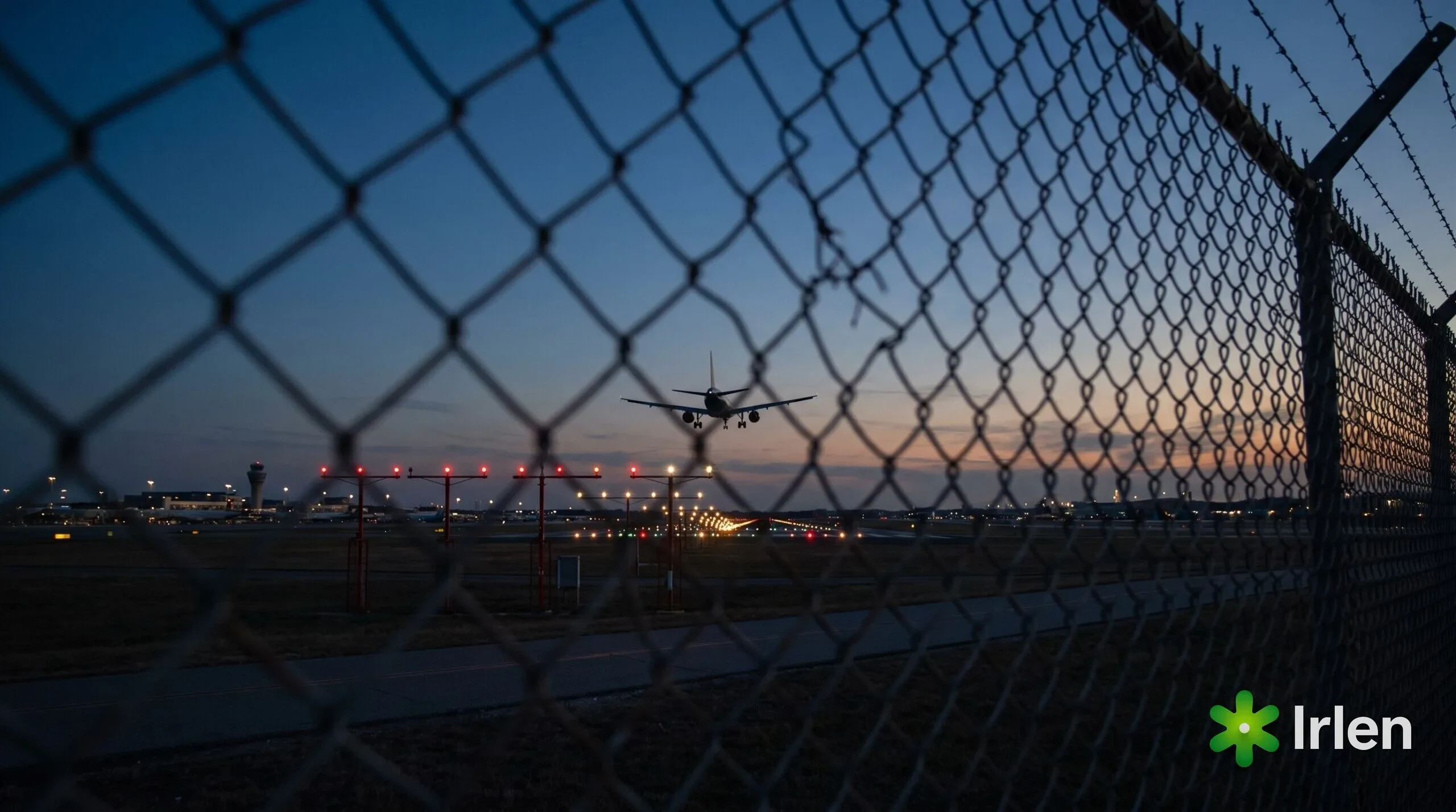 Avião de passageiros em aproximação final para a pista de um aeroporto ao entardecer, visto de fora da cerca