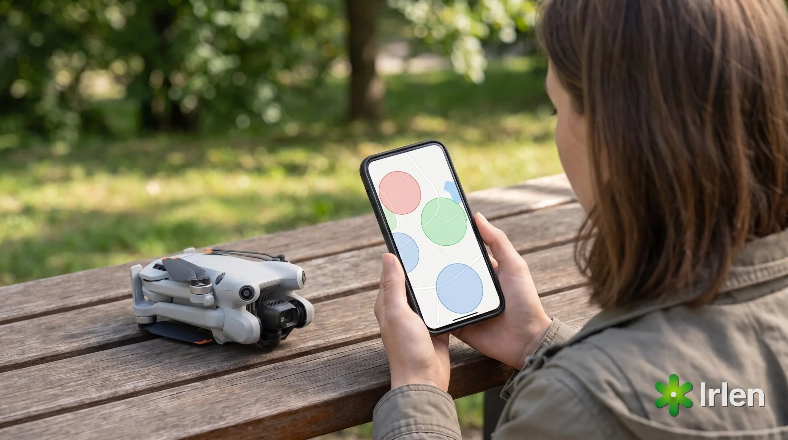Pessoa consultando um mapa de zonas no celular com um drone DJI Mini dobrado ao lado, num banco de praça