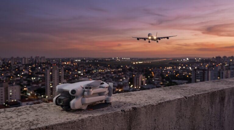Drone compacto da linha DJI Mini dobrado num terraço ao entardecer, com um avião pousando ao longe