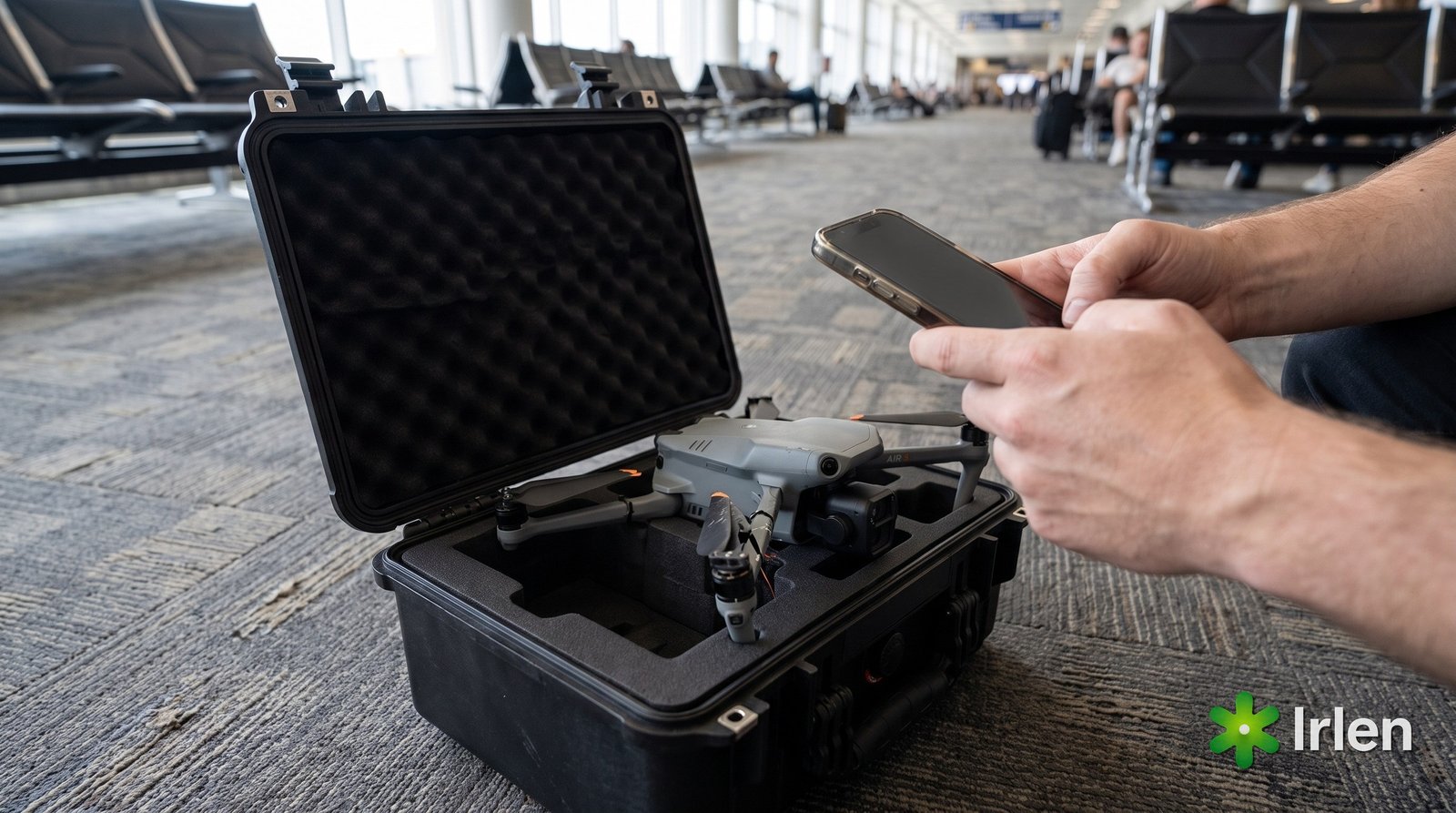 Mãos fotografando com o celular um DJI Air 3S danificado dentro do case aberto no aeroporto