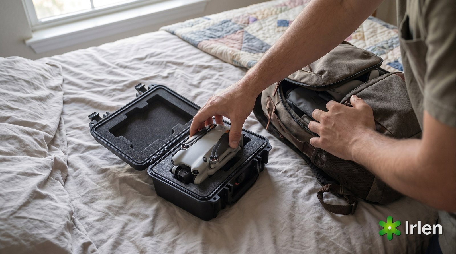 Mãos acomodando um DJI Mini 4 Pro dobrado na espuma de um case rígido ao lado de uma mochila