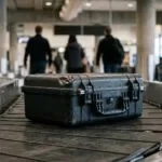 Case rígido de equipamento com um amassado na esteira de bagagem do aeroporto
