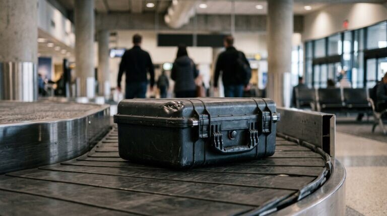 Case rígido de equipamento com um amassado na esteira de bagagem do aeroporto