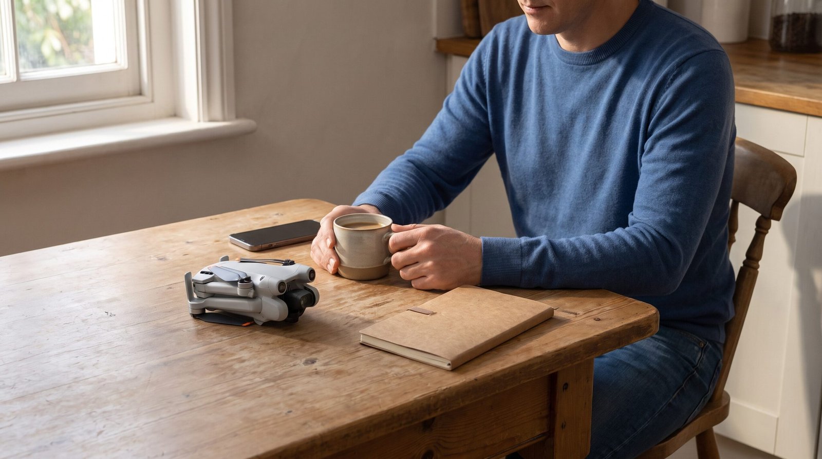Piloto à mesa de casa com o drone dobrado, um caderno fechado e o celular virado para baixo