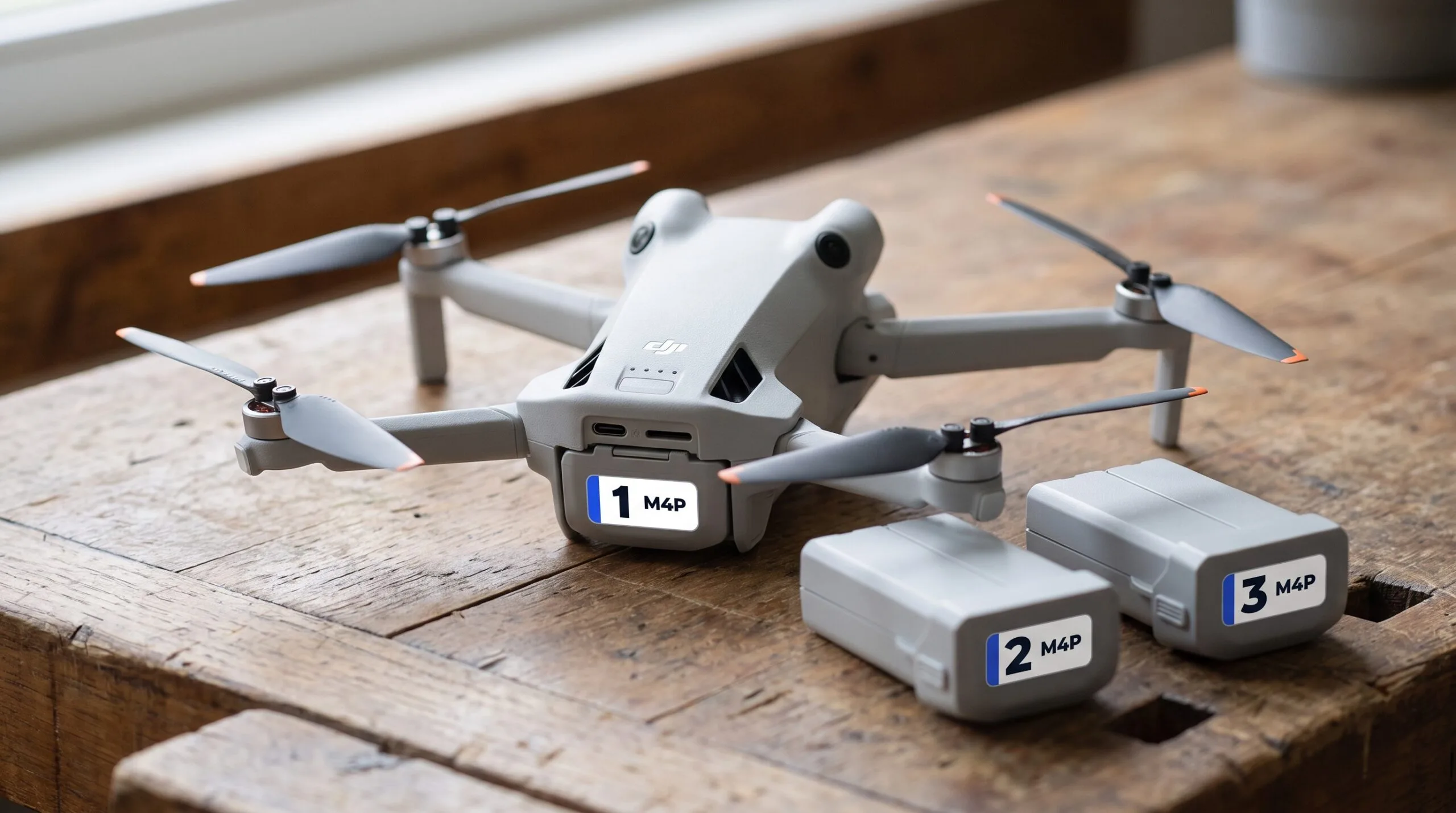 Mini 4 Pro com a bateria encaixada e a etiqueta número 1 na face visível, ao lado de duas baterias reservas com as etiquetas 2 e 3