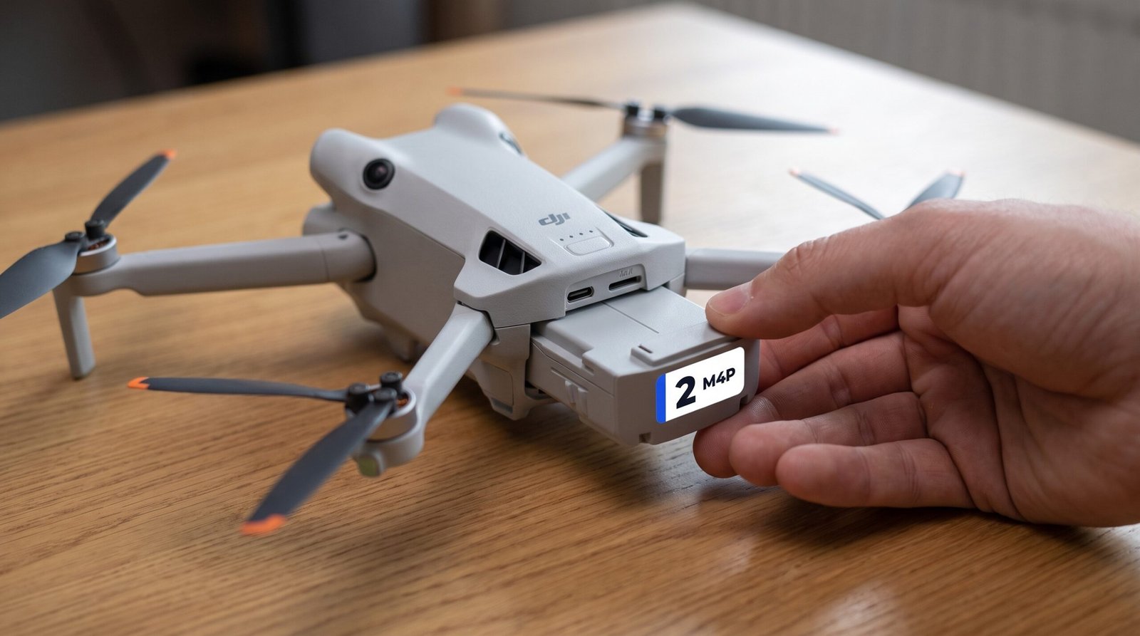 Piloto encaixando a bateria no DJI Mini 4 Pro dentro da case, ao lado do hub de carga