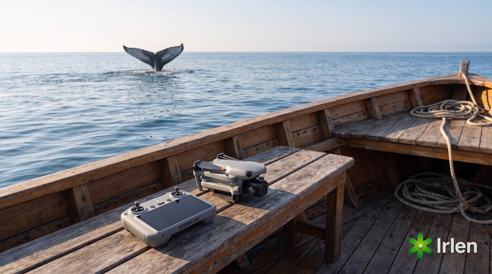 Drone DJI Air 3S dobrado no convés de um barco, com a cauda de uma baleia ao longe no mar