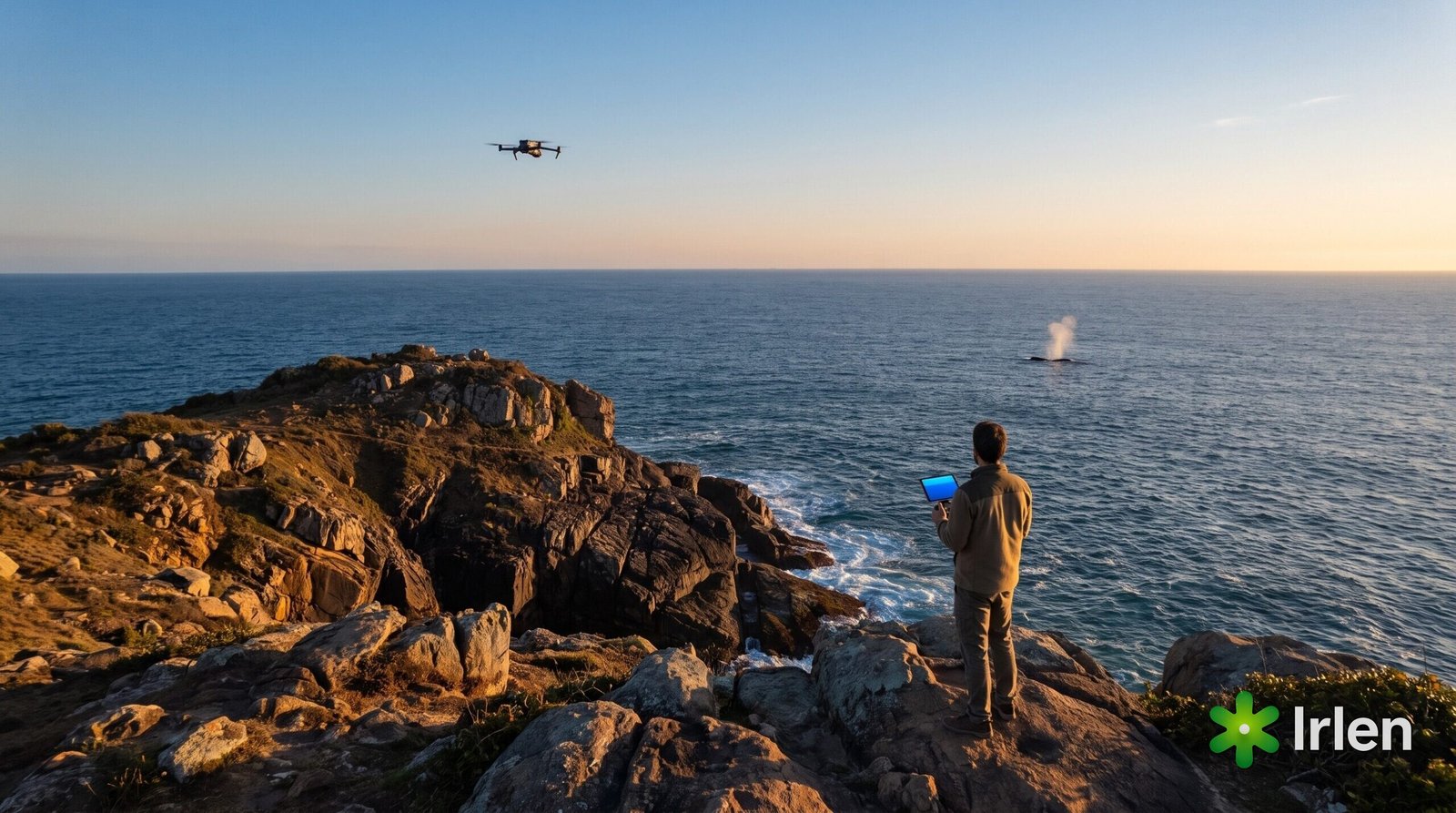 Piloto num costão rochoso controlando um drone DJI Air 3S alto sobre o mar, com o borrifo de uma baleia ao longe