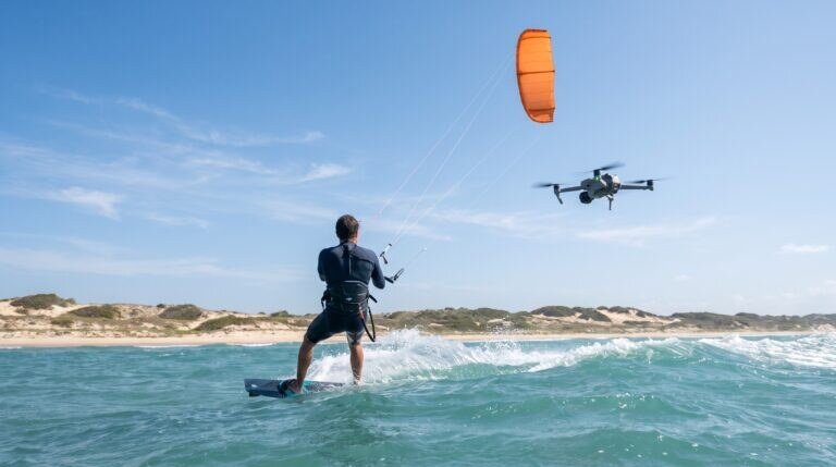 Drone DJI Air 3S filmando um kitesurfista de costas no mar azul-turquesa